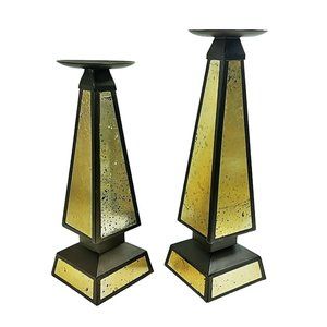 Bradford Pillar Candle Holders Modern Design Metal Inlaid 2pc set Short & Taller